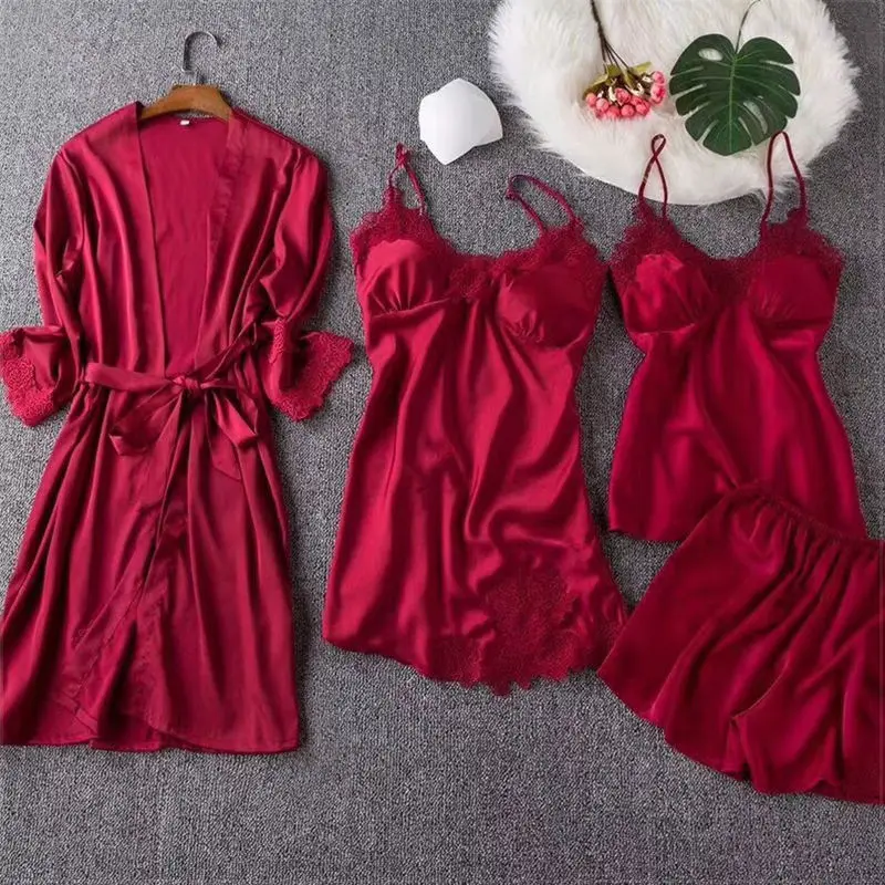 

Pajamas Set Women Silk Rayon Summer Sexy Lace Print Red Pyjama Long Robe Shirt Blinder 6 Pieces/Set Lingerie 2019 Home Sleepwear