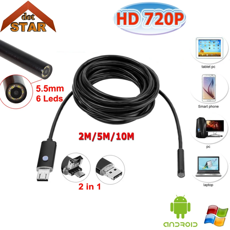 

USB endoscope 5.5mm 2in1 Endoscope Android Camera 5M Snake Tube Pipe Inspection USB Endoskop Waterproof Borescope Camera IP67
