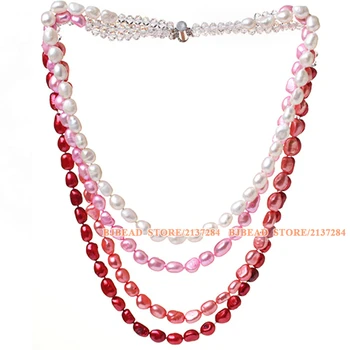 

Simple Design Fashion Multi Strands White Pink Red Baroque Freshwater Pearl and White Clear Crystal Beads Necklace For Women