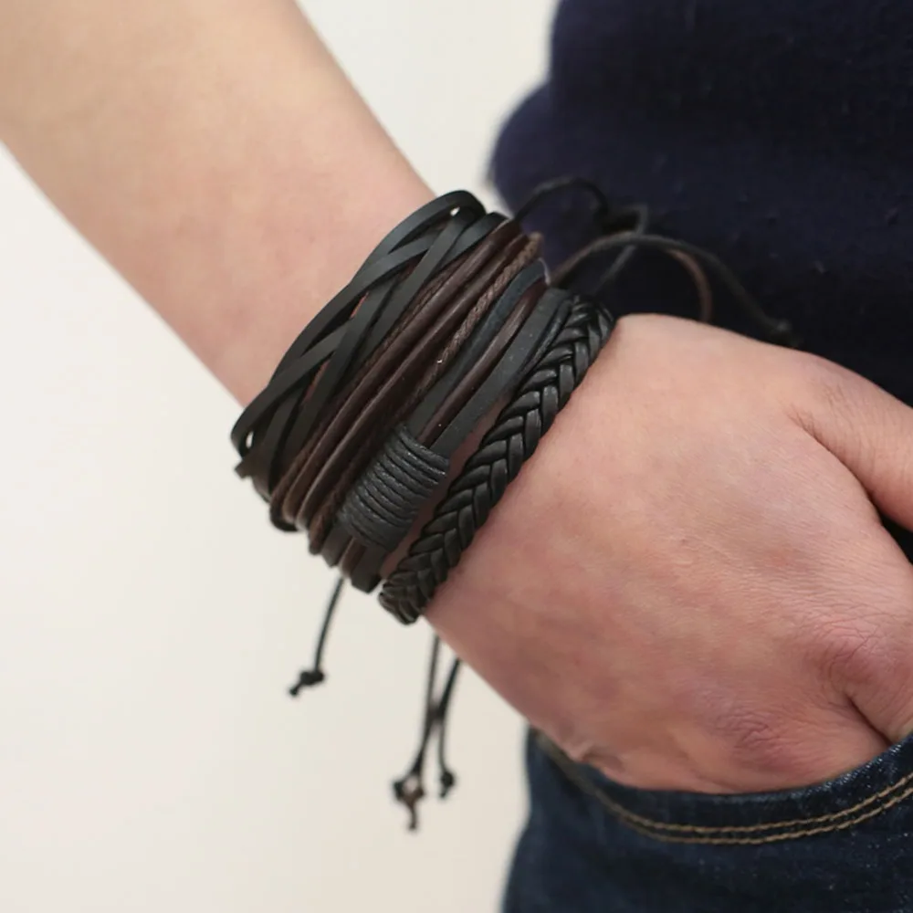 

Handmade Mens Leather Bracelets 2019 Adjustable Multilayer Bead Bracelet Men Bohemian Vintage Leather Charm Bracelet