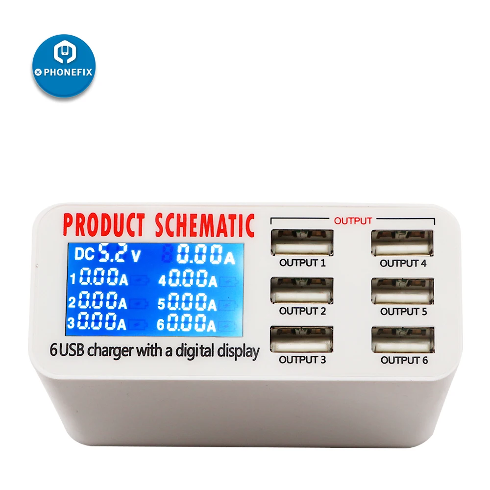 

PHONEFIX Multi USB Port Rapid Charger 6 Port Fast USB Charger with LCD Display for Smart Mobile Phone