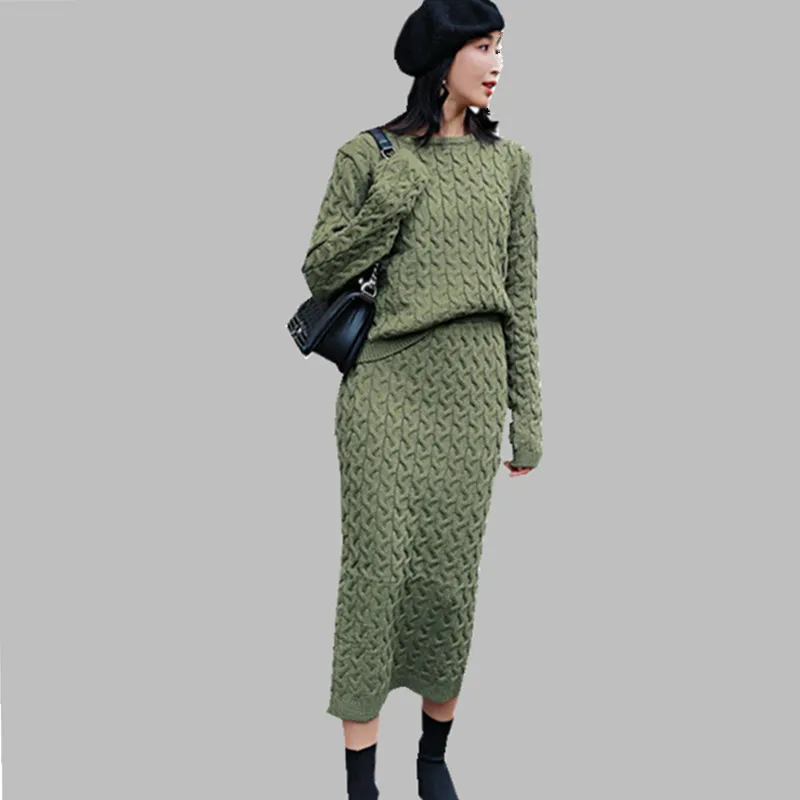 Высокое Качество Элегантность Корейская версия Круглый Вырез Свободный пуловер свитер + Женский двухсекционный костюм с юбкой