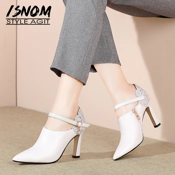 

ISNOM Ankle Strap Leather Pumps Women Pointed Toe Footwear Fashion High Heels Shoes Female Crystal Bling Shoes Woman Spring