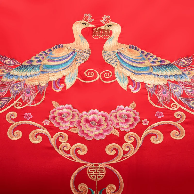 Традиционное китайское свадебное постельное белье набор Королева Король Размер тематика "Счастье для двоих" Дракон Феникс павлин вышитые хлопковые пододеяльники