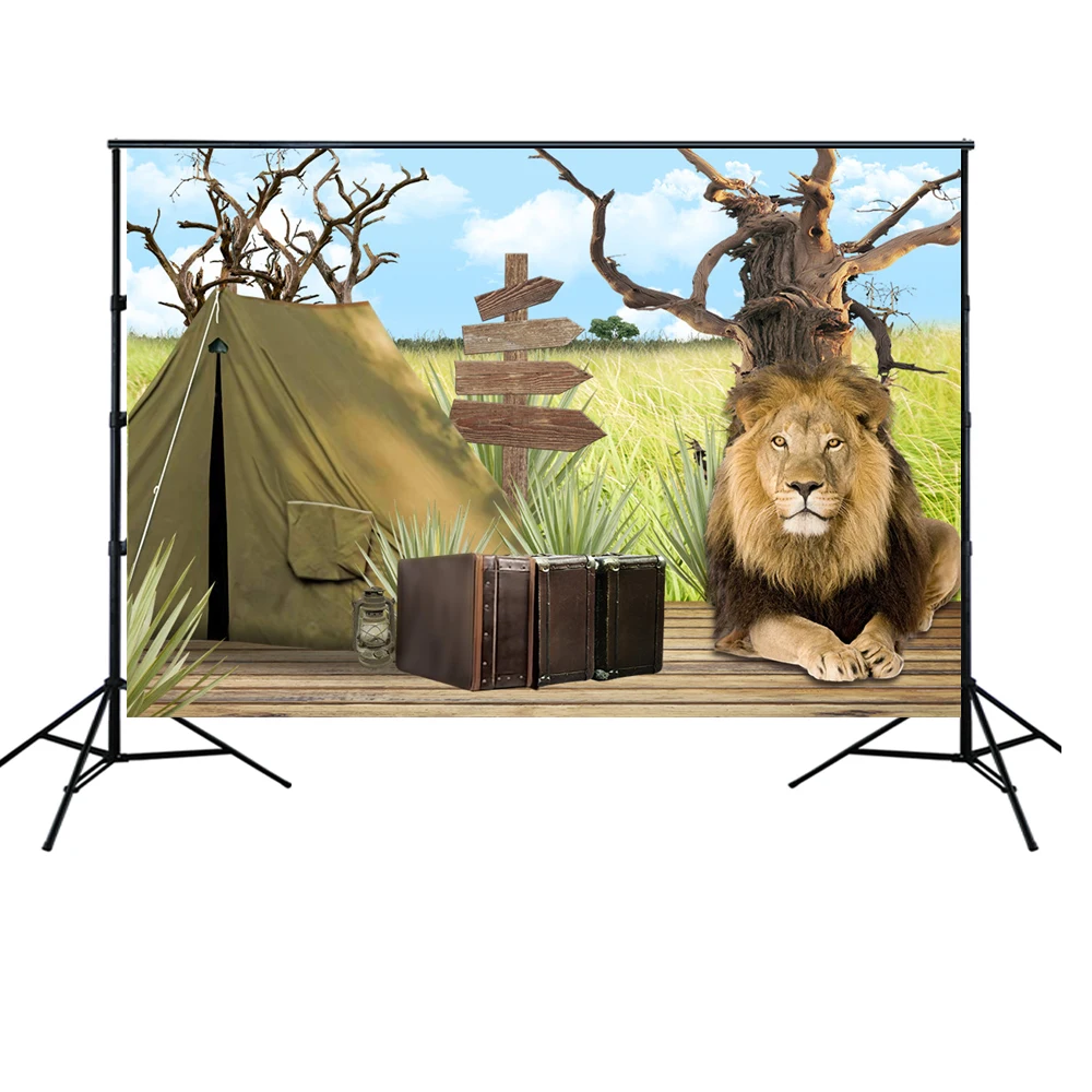 HUAYI Jungle Safari Backdrop Summer Tropical Afican Adventure Wild one Lion Tent Birthday Kids Portrait Photo Background w-2165