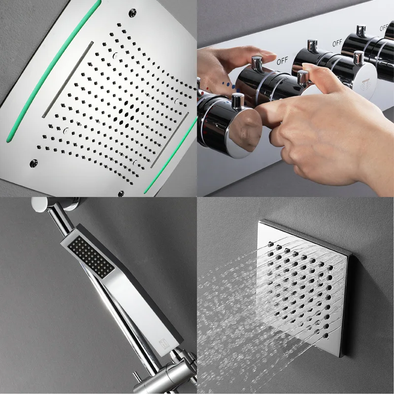 Thermostatic Mixer Valve Touch Screen Control LED Light Rianfall Shower Head Waterfall Bathroom Shower Set 71X43cm Misty Showers