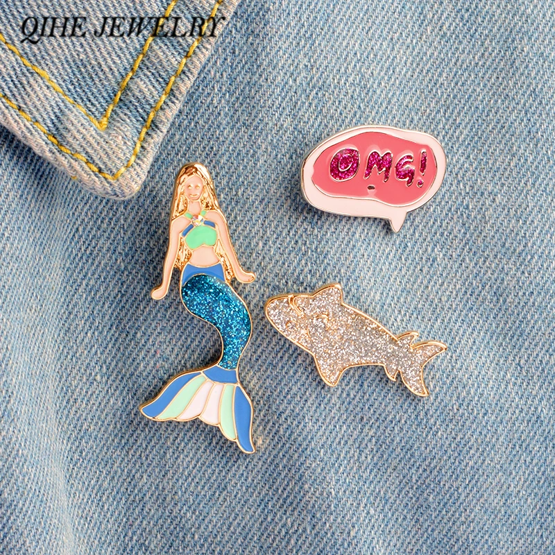 

QIHE JEWELRY 3pcs/set pin set Mermaid OMG! shark hard enamel pins Mermaid jewelry Gift for girls Christmas gifts