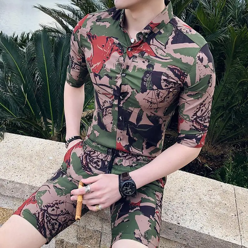 

Social Shirt Mens Slim Summer Casual Half sleeve 2 Pieces Shirt+Shorts Blouse Men's clothing Hawaiian style Camisa Green