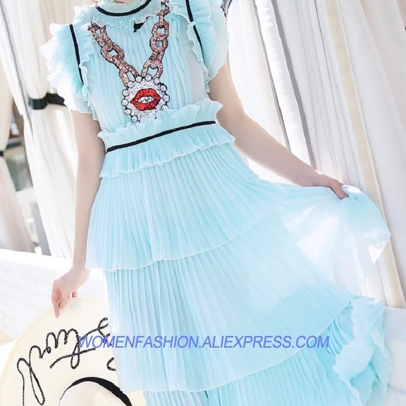 

Boho Runway Women Red Lips Sequins Blue Chiffon Dress Long Ruffles Flying Sleeve Cake Dress 2018 Summer Party Beach Vestidos