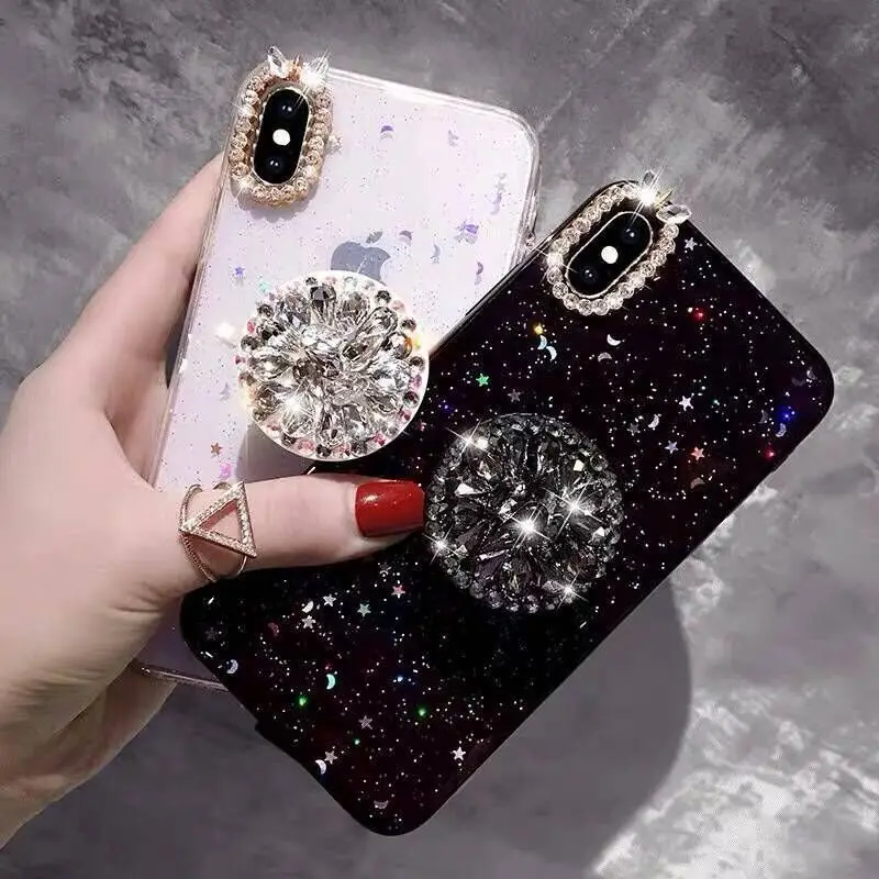 

Luxury CZ Diamond Flowers Holder TPU Transparent capinha Glitter stars phone case For Iphone 11 PRO MAX XS MAX 6 6s 7 8 Plus