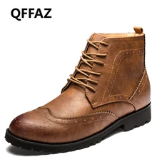 QFFAZ Retro Men Boots Pointed Toe Oxford Brogue Dress Shoes men’s leather shoes lace up sapato masculino em couro
