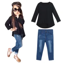 Черный цвет; Лидер продаж; одежда для маленьких девочек футболка с длинными рукавами топ+ джинсовые штаны 1 комплект; Прямая поставка; ST06