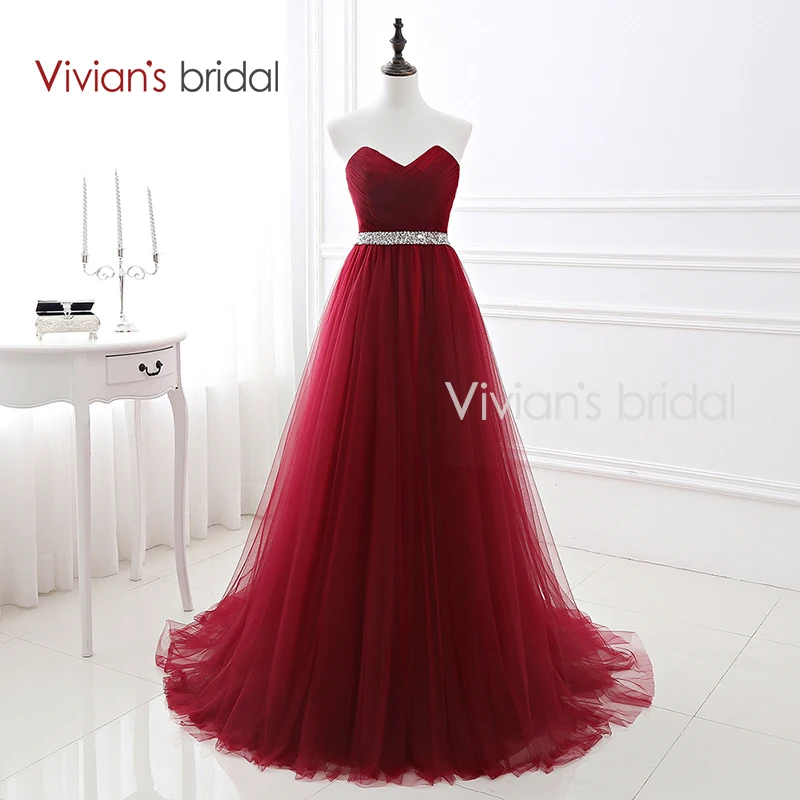 Buy Cheap Vivian's Bridal Sweetheart Burgundy Evening Dress A Line Backless Prom Dress Sequin Belt Tulle Formal Evening Gown 16422