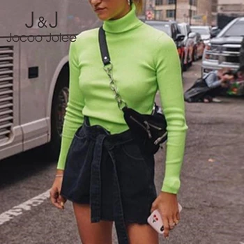 

Jocoo Jolee Neon Green Turtleneck Knitted Sweater Women Autumn Winter Casual Long Sleeve Sweater Streetwear Pullovers Fashion