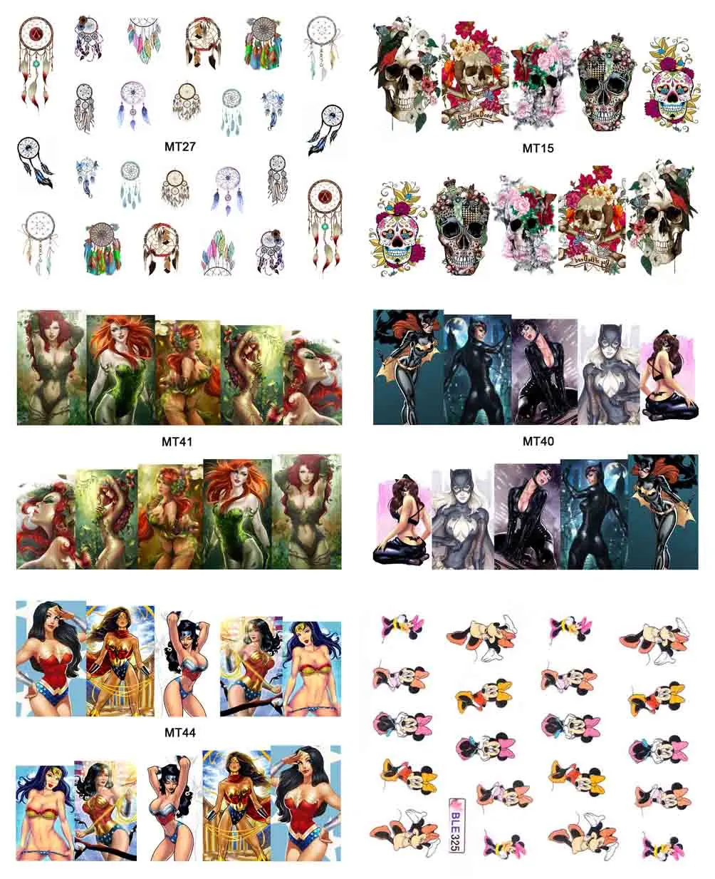 

6 Pack/Lot Nail Cartoon Mouse Sexy Girl Flower Skull Dream Catcher Water Decal Nail Art Nail Sticker For Nail Tip Tattoo MTmixed
