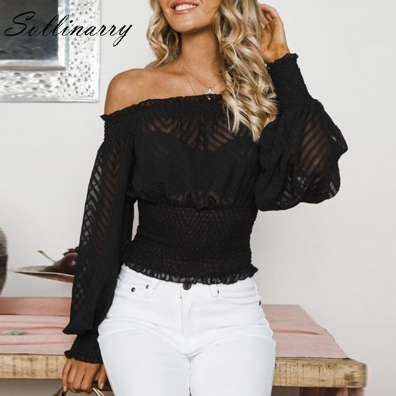 Sollinarry féminin blanc femmes Top et Blouses à manches longues Boho à volants bandage chemises élégant maille hors épaule Blouse coréenne