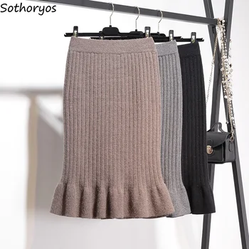 

Skirts Women 2020 Thicker Winter Solid Elegant All-match Kawaii Skirt Moda Mujer Chic Womens Soft High Waist Knitting Ladies