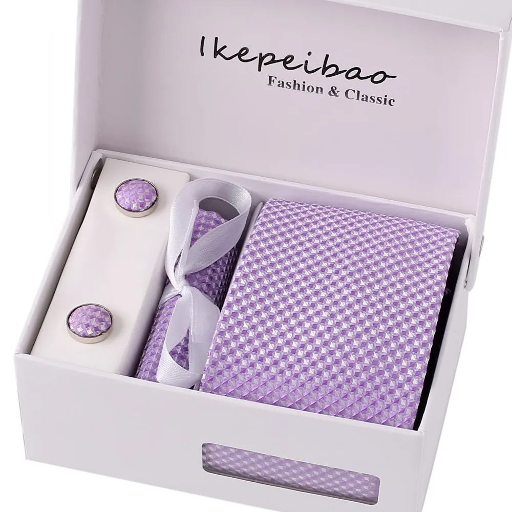 Ikepeibao пользовательские Брендовые мужские галстуки фиолетовый клетчатый синий горошек галстук наборы Запонки носовые платки с упаковкой подарочной коробки