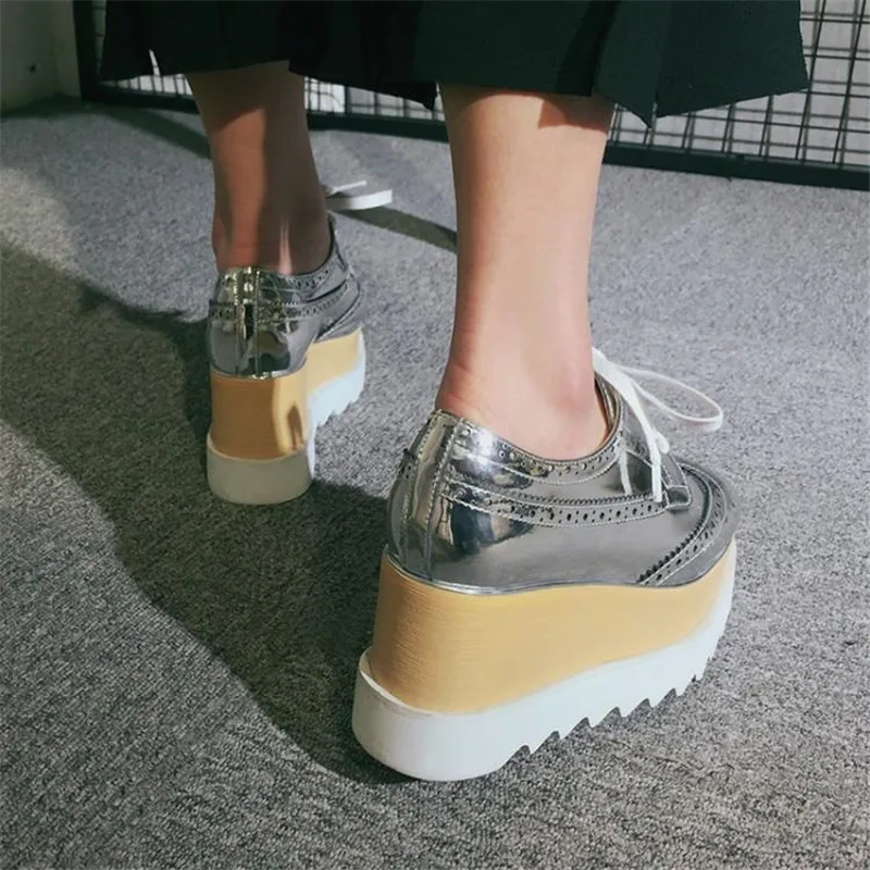 Mirror Patent Leather Womes Pumps Square Toe Lady Platform High Heels Brogues Shoes College Casual Wedegs Oxford Shoes For Woman (4)