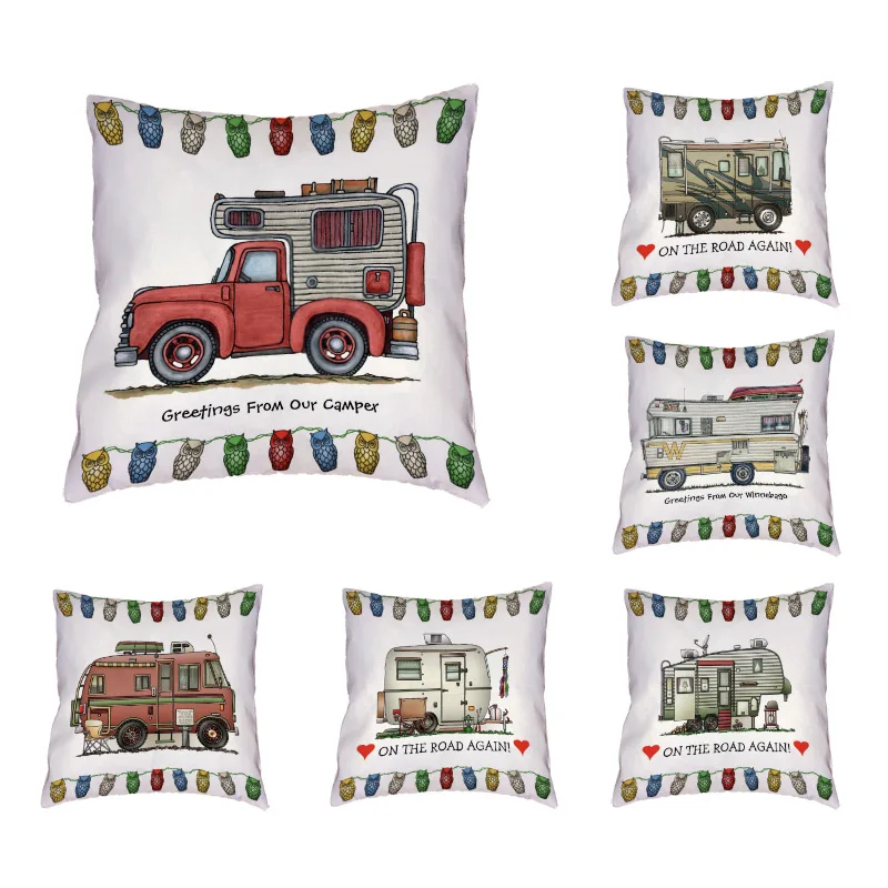 

Happy Camping Car Cushion Cover Convertible Colorful Owl Pillowcase On The Road Office Bed Couch Home Decoration Throw Pillows