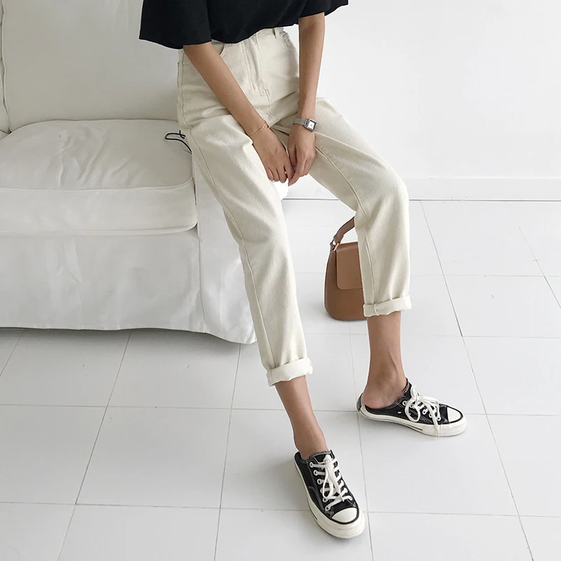 Goedkoop Beige Vriendje Harem Jeans Voor Vrouwen Losse Vintage vrouwen Brede Jeans Met Hoge Taille Katoen Jean Vrouwelijke Boyfriend Denim broek
