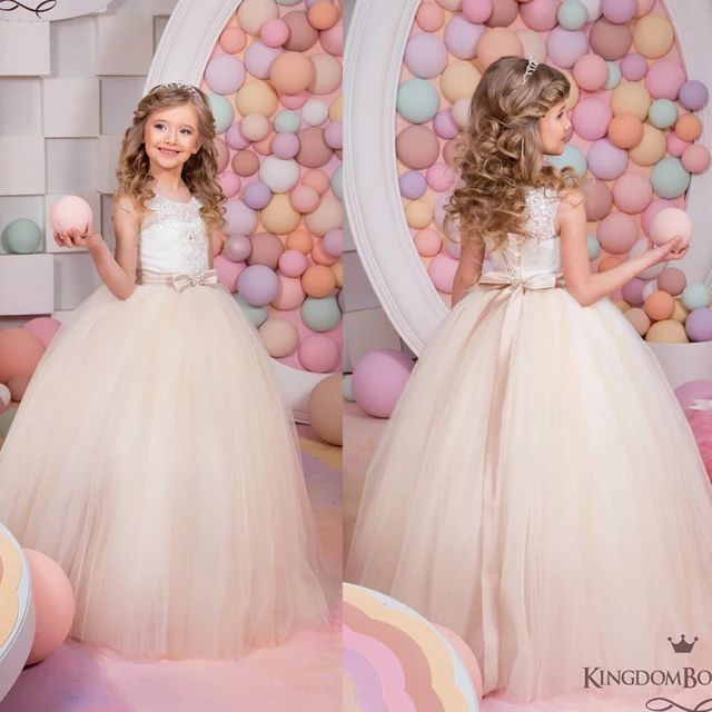 Best price at $113 Cheap Champagne Little Girls Party Dress Ball Gown Floor Length Lace Appliques Beading Crystal Flowers Puffy Little Flower Girls Dress