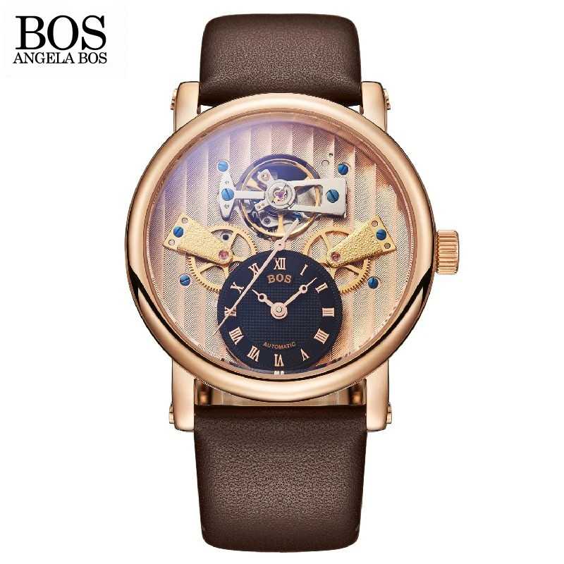ANGELA BOS Unique Gear Three dimensional Skeleton Sports Automatic Watch Mens Mechanical Top Brand Man Watches