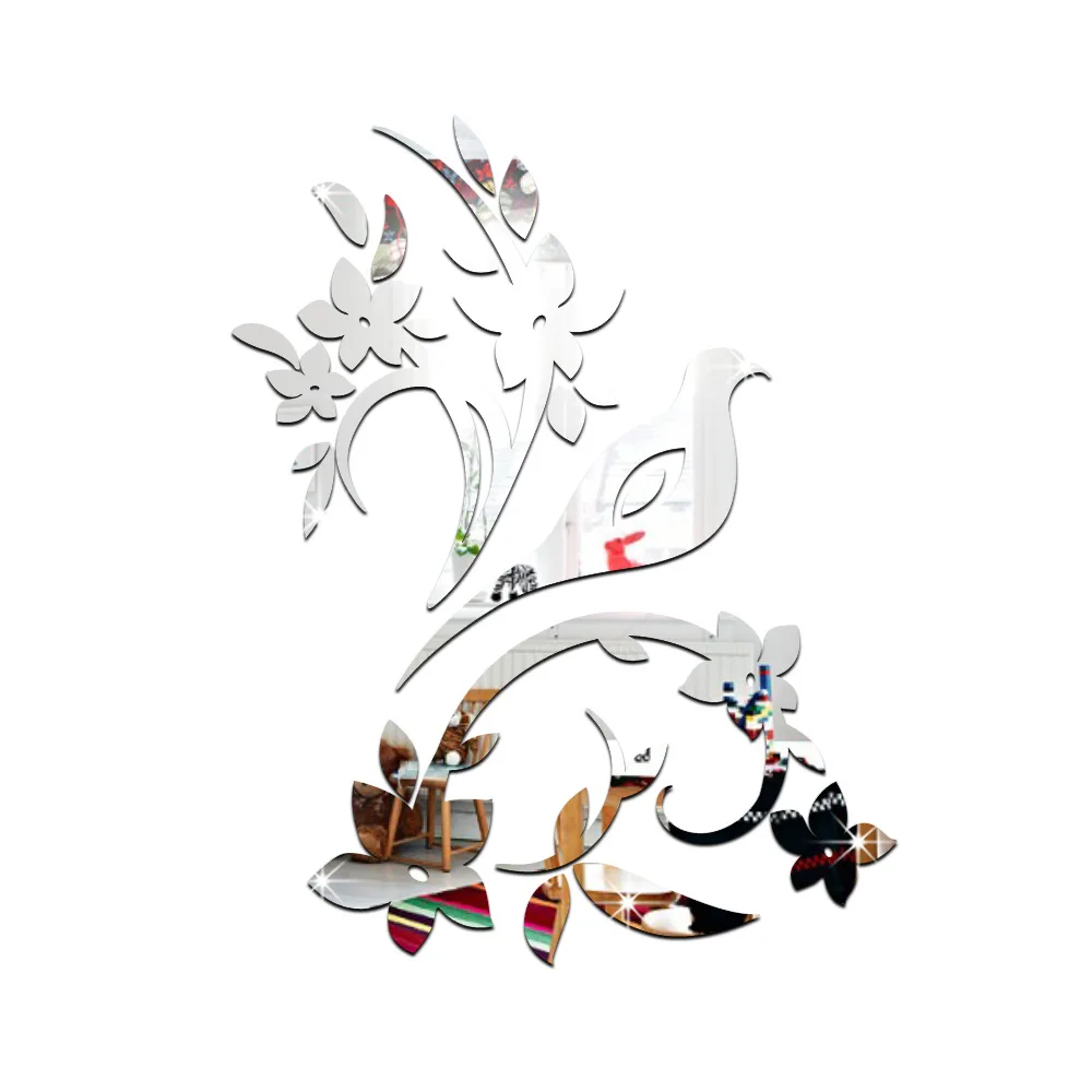 Bird flower branch mirror decal sticker , 3D DIY Wall Modern Design