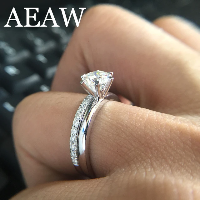 Solid 14k White Gold 0.8ctw Df Round Moissanite Engagement Ring Set Band  Lab Diamond Solitaire Wedding For Women (2 Pieces Ring) - Rings - AliExpress