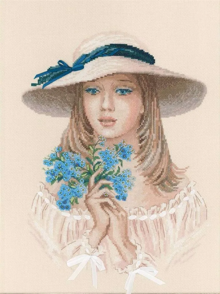 CS-1694 Cross Stitch Kit Forget Me Not Beautiful Girl Lady Woman with Blue Flowers riolis 100-045