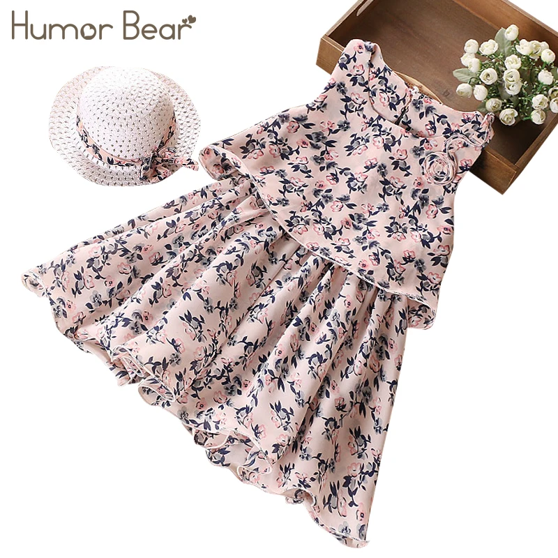 

Humor Bear 2018 Fashion Children Girls Flowers Printed Soft Sleeveles Broken Flower Beach Dress + Hat Children Clothing