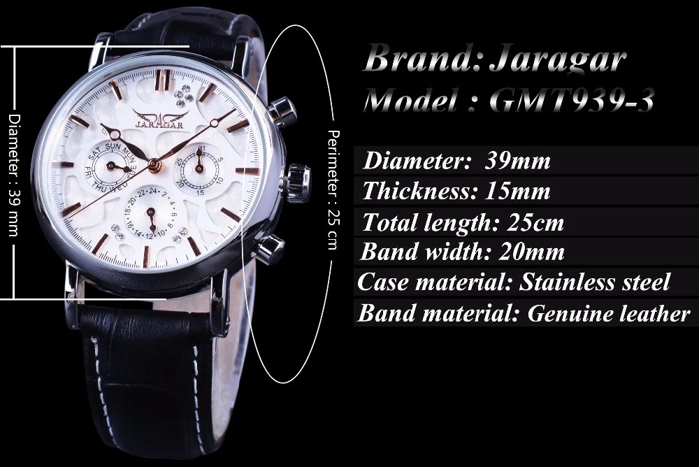 Jaragar 3 Циферблат Дисплей Diamond Кожаный Ремешок Пульсация Дизайн Мужские Часы Лучший Бренд Класса Люкс Автоматические Часы Часы