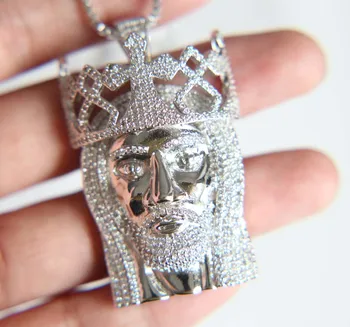 

Promotion New 2017 Iced Out Hip Hop bling lab cz micro pave silver color jesus head sparking mens curb chain necklace jewelry