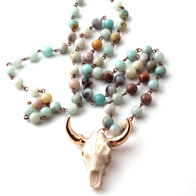 Камни амазонита массивные ожерелья богемные ювелирные украшения в этническом стиле ожерелье с подвеской в форме рога