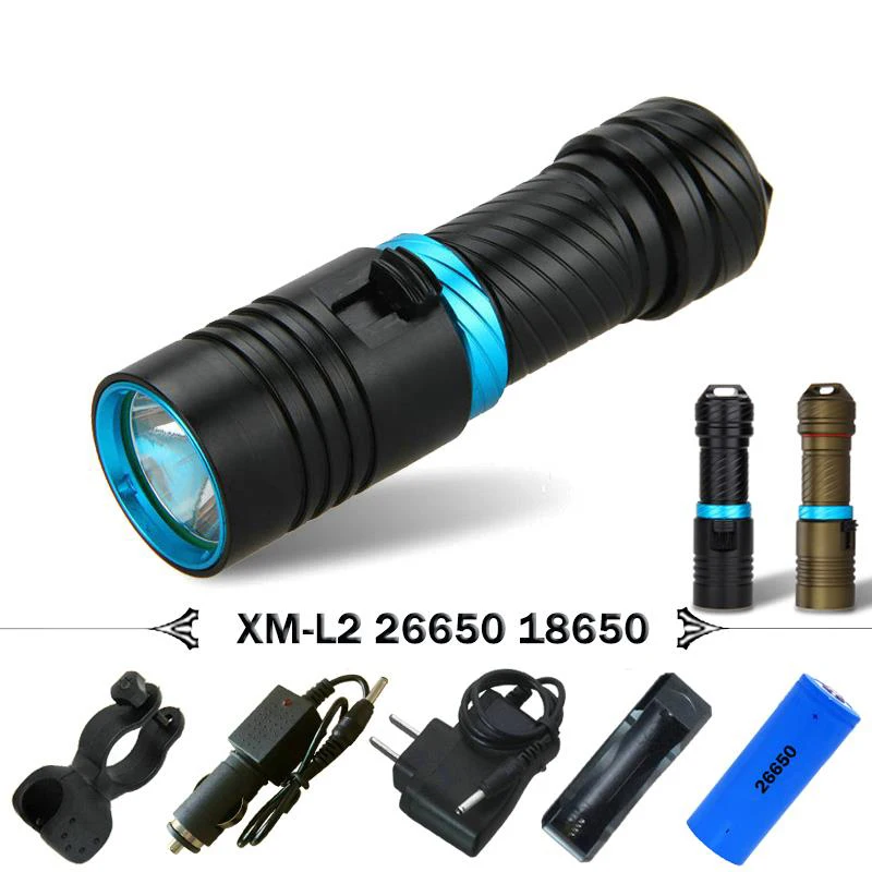 

Diver Diving Flashlight 26650 or 18650 CREE XM-L2 Diving light led Underwater 100m Slide switch spotlight Torch lamp powerful