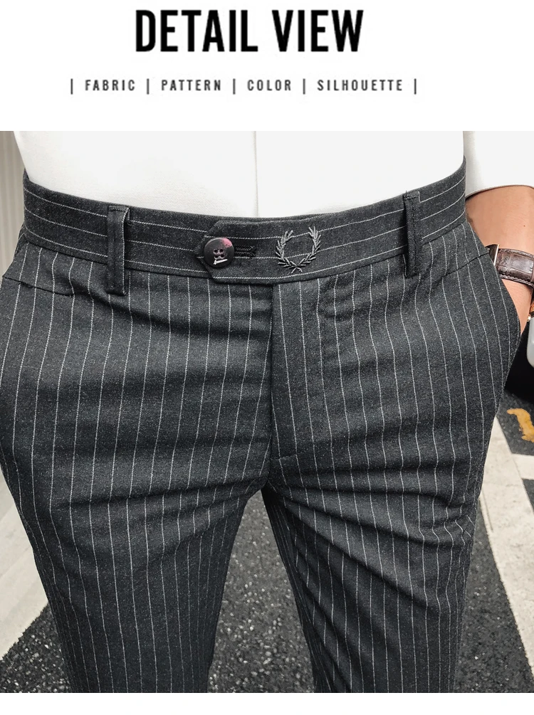 Костюм брюки Для мужчин модные серый черный в полоску самосовершенствование социальных Бизнес Повседневная одежда в британском стиле Брюки человек