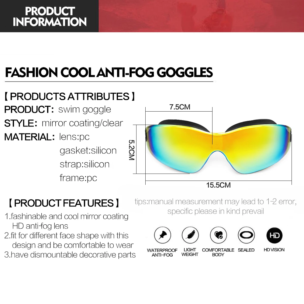 YFXcreate HD водонепроницаемые очки для плавания противотуманные очки и анти-УФ Взрослые плавательные очки в большой оправе 200-1004