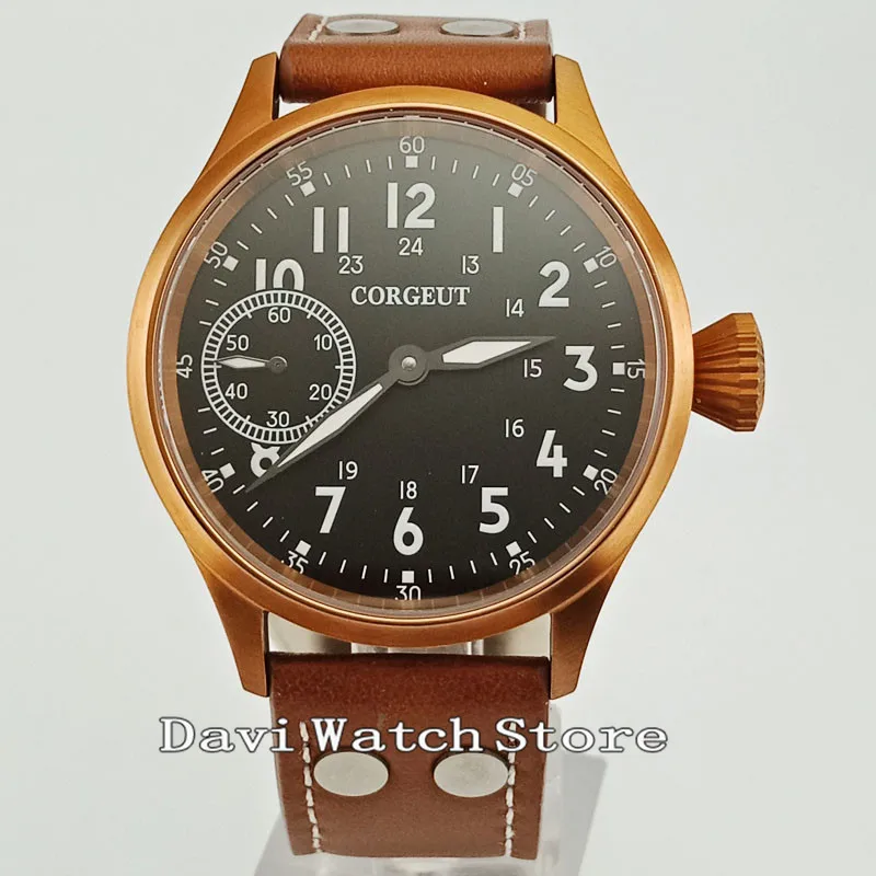 

43mm Corgeut Black Dial Fashion Bronze Case 6497 hand winding Movement Mens Watch 2635