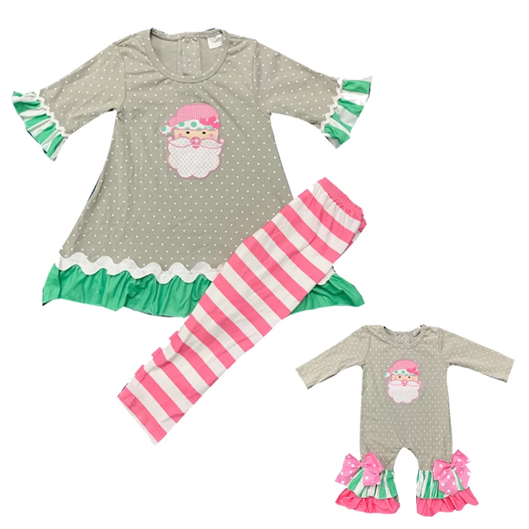

2019 grils high quality Santa embroidery sets half sleeve winter merry christamas gray polka dot tunic top Striped leggings suit