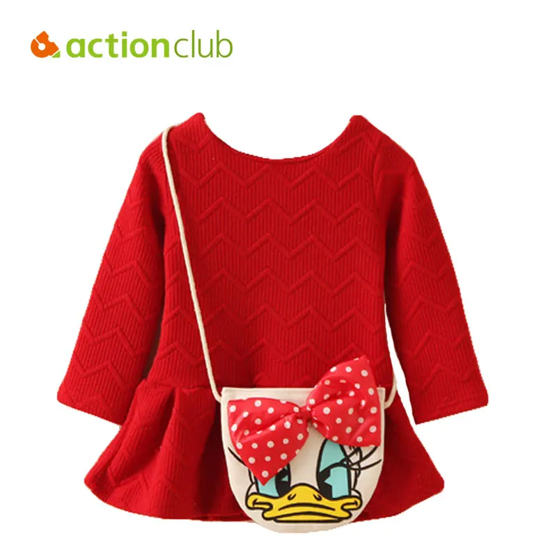 

2-12 Years Girls Dress With Bags European Style Cute Duck Long Sleeve Ball Down Dress For Girls Spring Kids Clothing KU1012