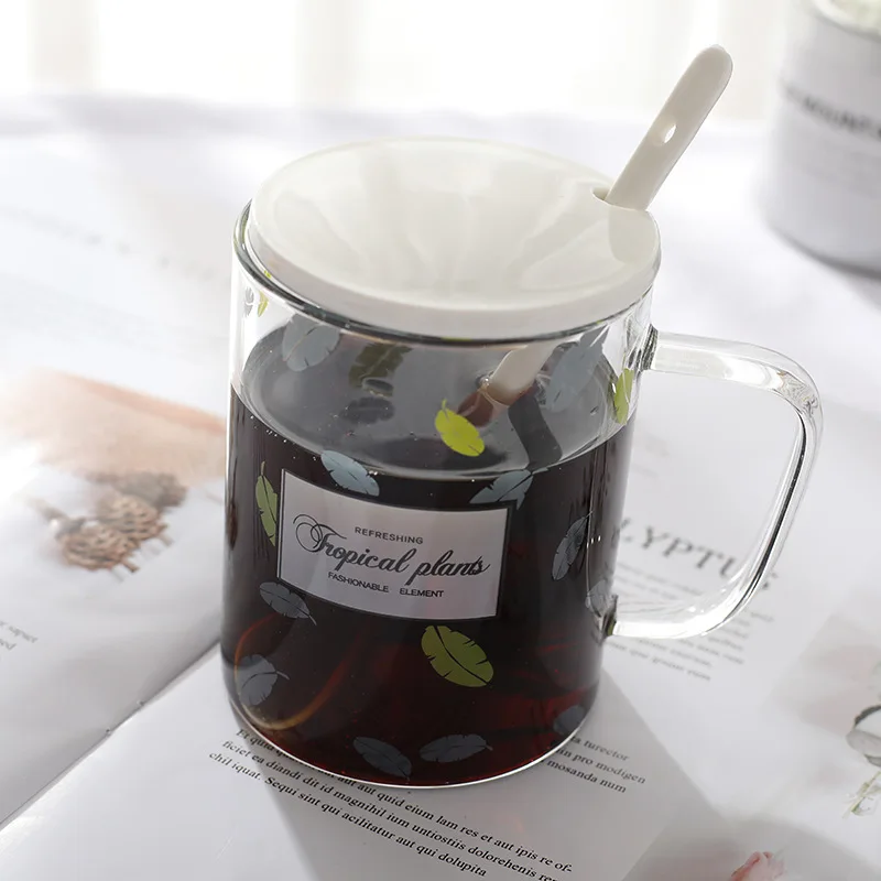Прозрачный гравировальный стеклянный с крышкой отправить ложку пить воды чашки домашнего офиса Кофе Молоко чай чашки студента Экологически чистая чашка - Цвет: Светло-серый