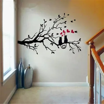

Two Loving Cats On Tree The Branches Birds And Tree Wall Stickers Vinyl 3D Wall Decals Stickers Home Decor DIY Decoration Y-936