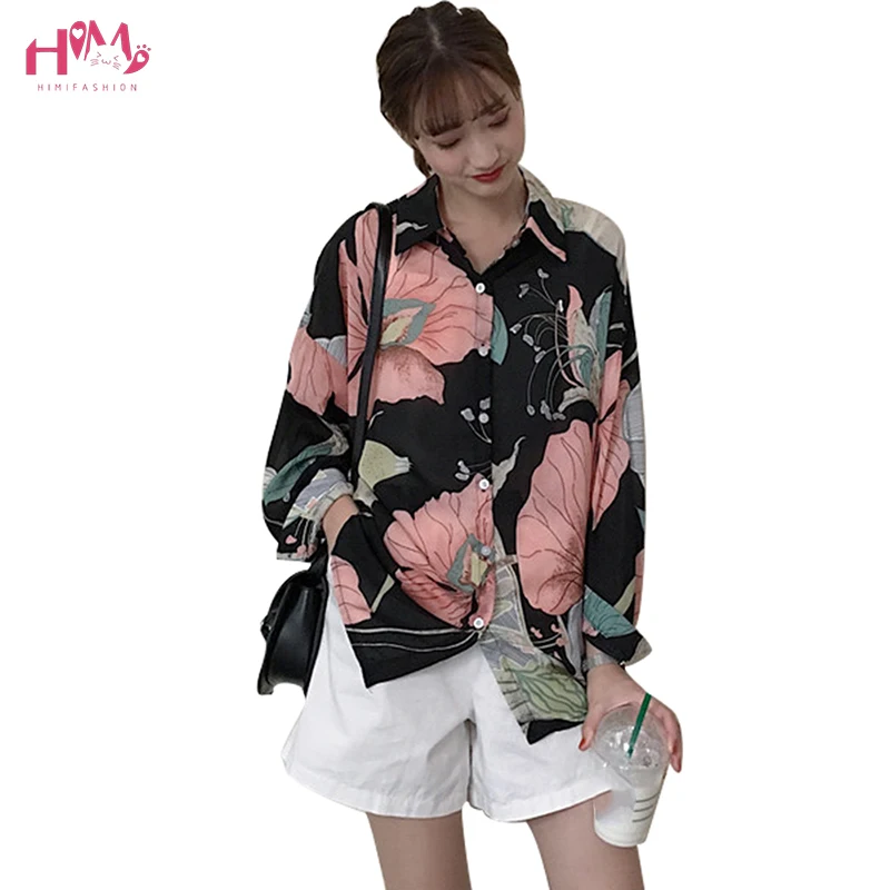 Korean Spring Women Floral Chiffon Blouse Turn Down Collar