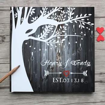 

Personalized wedding guest book alternative,tree-leaves-arrow-hearts white wedding guest book,custom bride and groom photo album