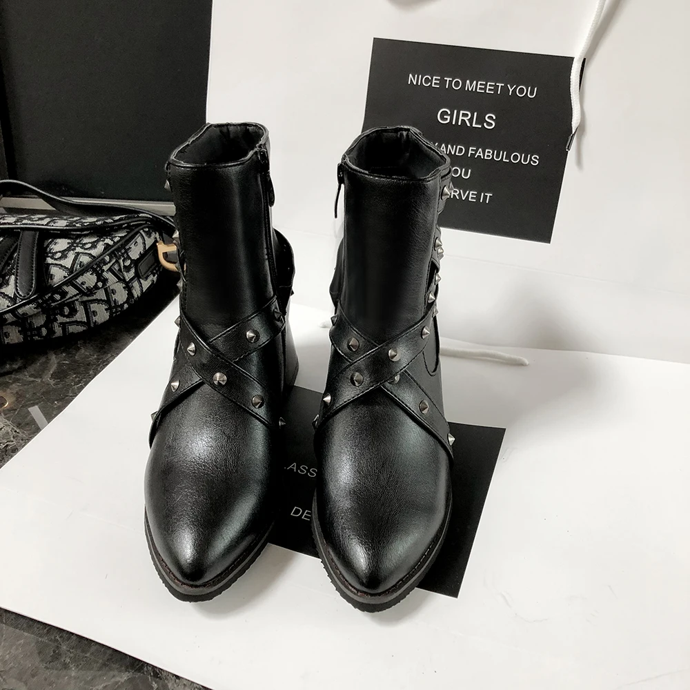 ENMAYLA Solid PU Short Plush Motorcycle Boots Autumn Ankle Boots for Women Pointed Toe High Square Heel Metal Decoration Shoes