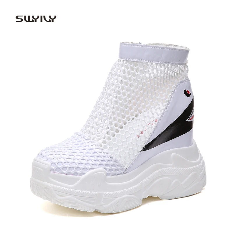 SWYIVY Platform Sneakers Woman Mesh Breathabl Shark Griffit Female Summer Casual Shoes Wedge Heel 12cm Comfortable Sneakers Zip