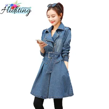 

Women Denim Trench Coat 2019 Spring New Loose Outerwear Medium Long Slim Denim Female Trench Coat Autumn Shown Thin Coats WIN79