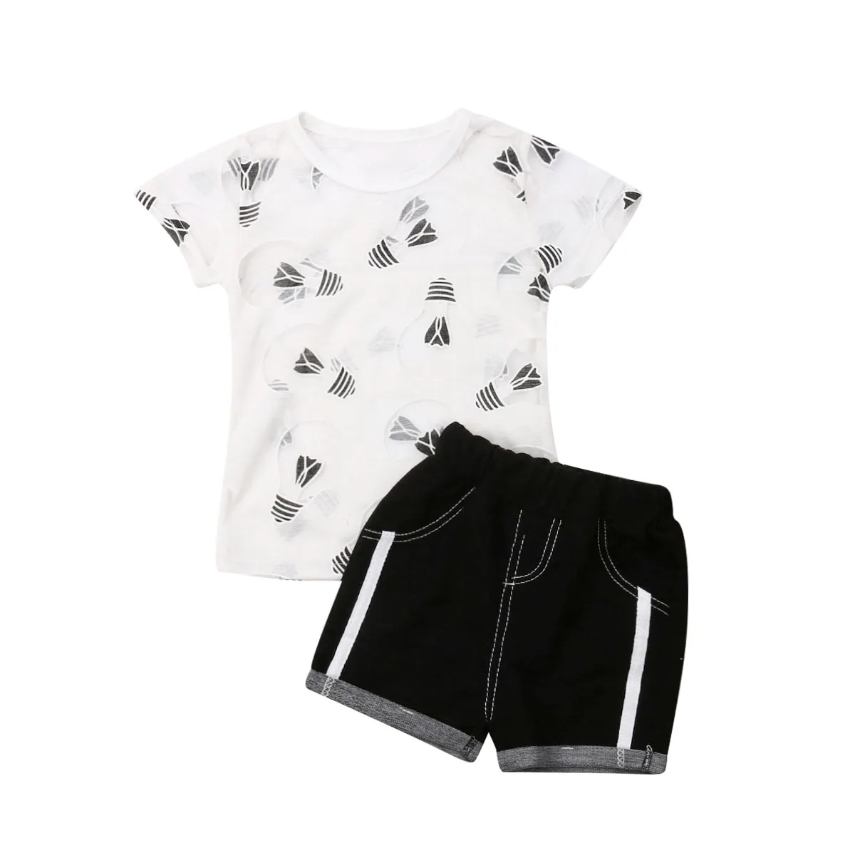 

Kids Boy Girl Black Jeans Shorts Outfits Toddler Bulbs Print T Shirt Denim Pants 2Pcs Clothes Set Summer