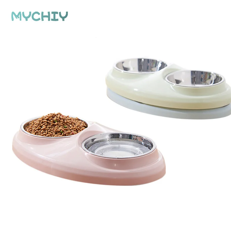 1pc Pet Stainless Steel Dual use Automatic Drinking Double Bowls Cats