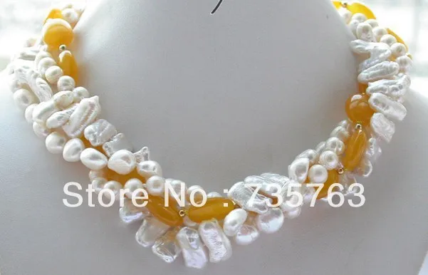 

HOT 00507 beautiful 4row white round baroque biwa pearl jade necklace